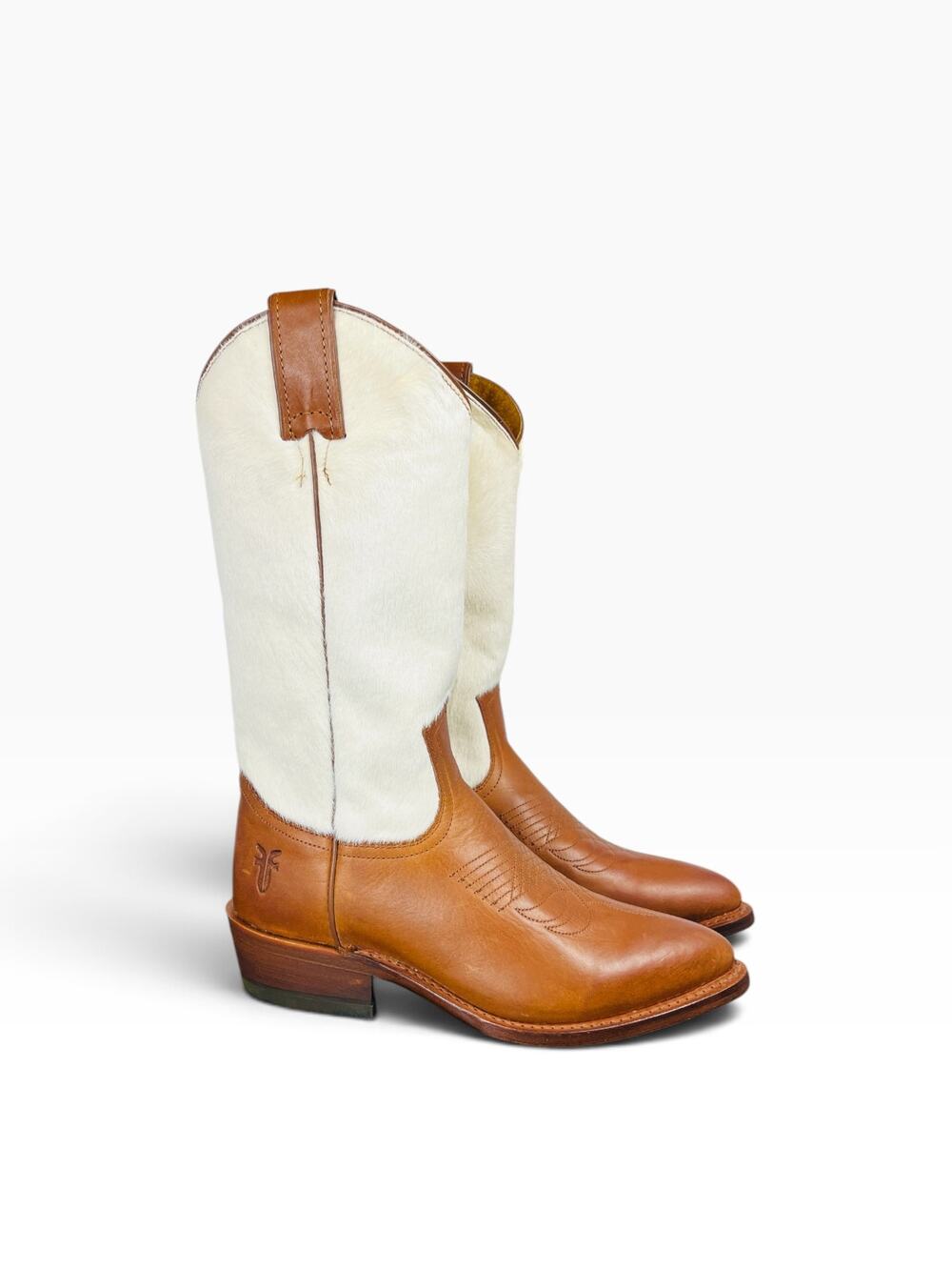 Frye Bruce Western Cowboy Boots White Calf Hair Cognac Leather Pull On 5.5 B NWT